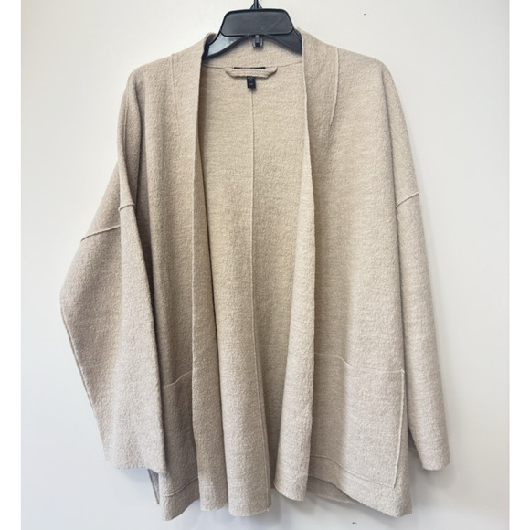 Eileen Fisher Size Large Lightweight Boiled Wool Open Front Cardigan Coat Khaki - Picture 1 of 13